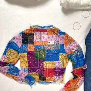 Multicolor Lettuce Trim Patchwork Print Mesh Top